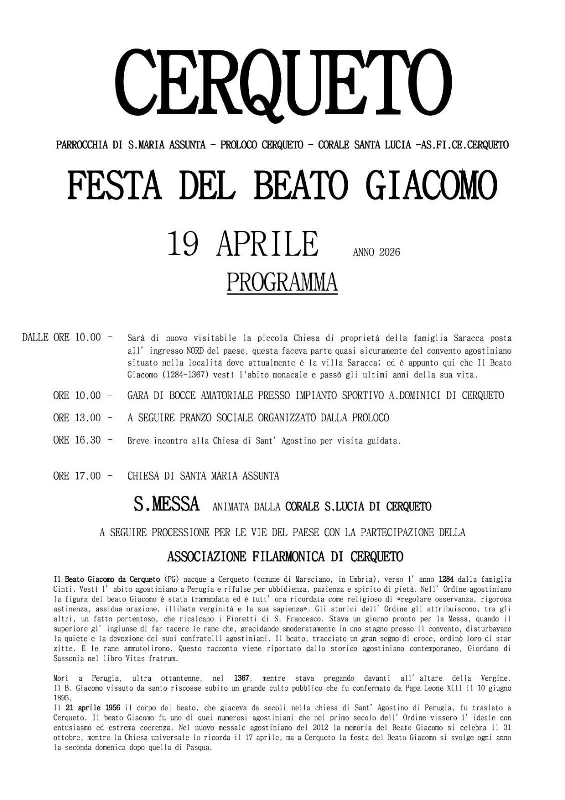 A Cerqueto un omaggio al Beato Giacomo